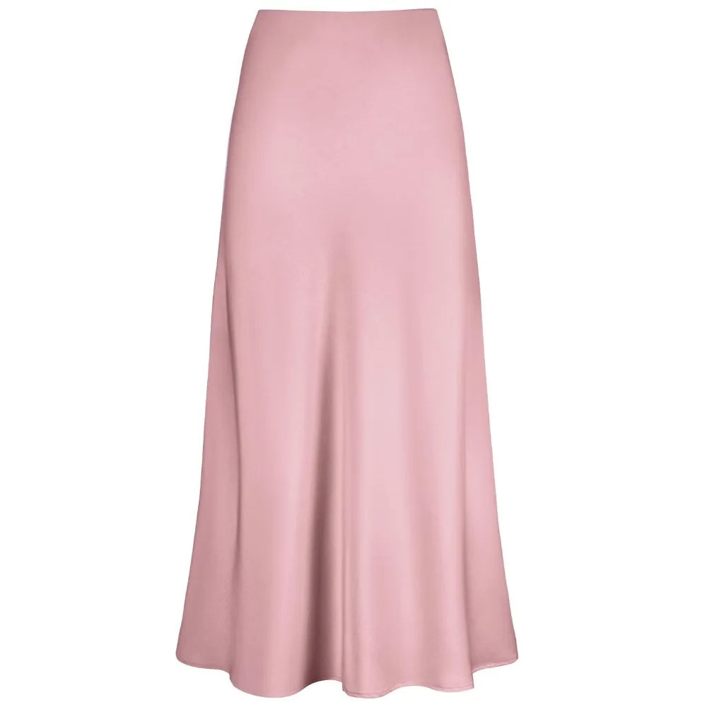 2025 Elegant Faux Silk Satin Skirts for Women High Waist A-line Office Lady  Solid Color Glossy Finish Fishtail Skirt