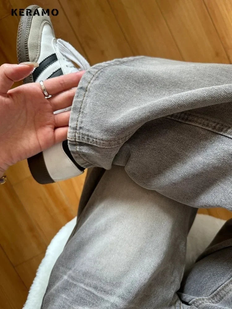 Women's Grey Vintage Jeans High Street Denim Trouser Casual Goth Pants High Waist Straight Streetwear Baggy Hosen Female  Y2K