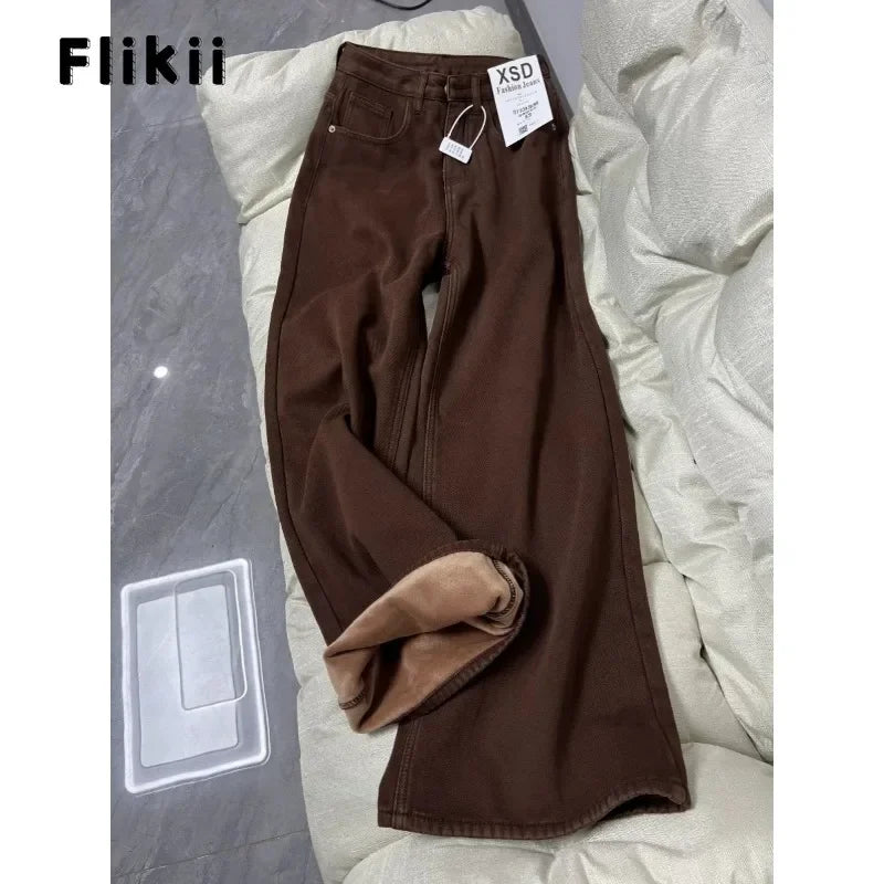 Women Casual Retro Wide Leg Fleece Thicken Denim Trouser Harajuku Loose Jeans 2025 Winter Solid High Waist Y2K 2000s Brown Pants
