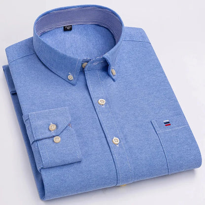 Men's Long Sleeve Oxford Dress Shirt 100% Cotton Plaid Checkered Chest Pocket Button Down Collar Casual Shirts