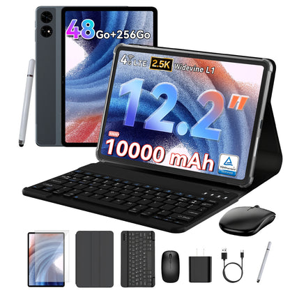 KINGRID T60 Android 16 Tablet PC with Keyboard Mouse Case, 12.2 Inch 2.5K Display, 24GB RAM 256GB ROM, Octa Core T7280 Processor, 10000mAh Battery, 4G LTE Dual SIM, PC Mode, Tablet for Work Study and Entertainment Tablet andr