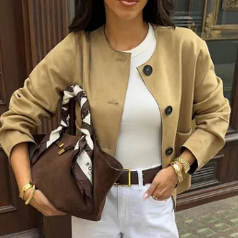 HXAO Suede Jacket Women Spring Outerwears 2025 New In Coats & Jackets Crop O-Neck Button Long Sleeve Coats Chic Elegant Jackets