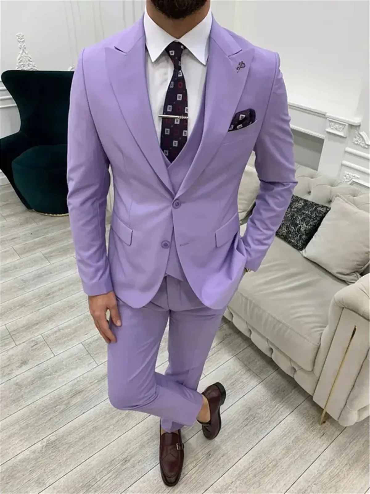 3 Piece Light Purple Men's Suits  Elegant Full Set Single Breasted Peaked Lapel Formal Outwear（Jacket+Pants+Vest) Costume