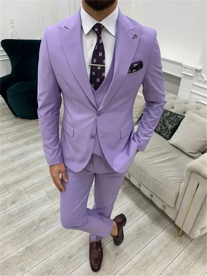 3 Piece Light Purple Men's Suits  Elegant Full Set Single Breasted Peaked Lapel Formal Outwear（Jacket+Pants+Vest) Costume
