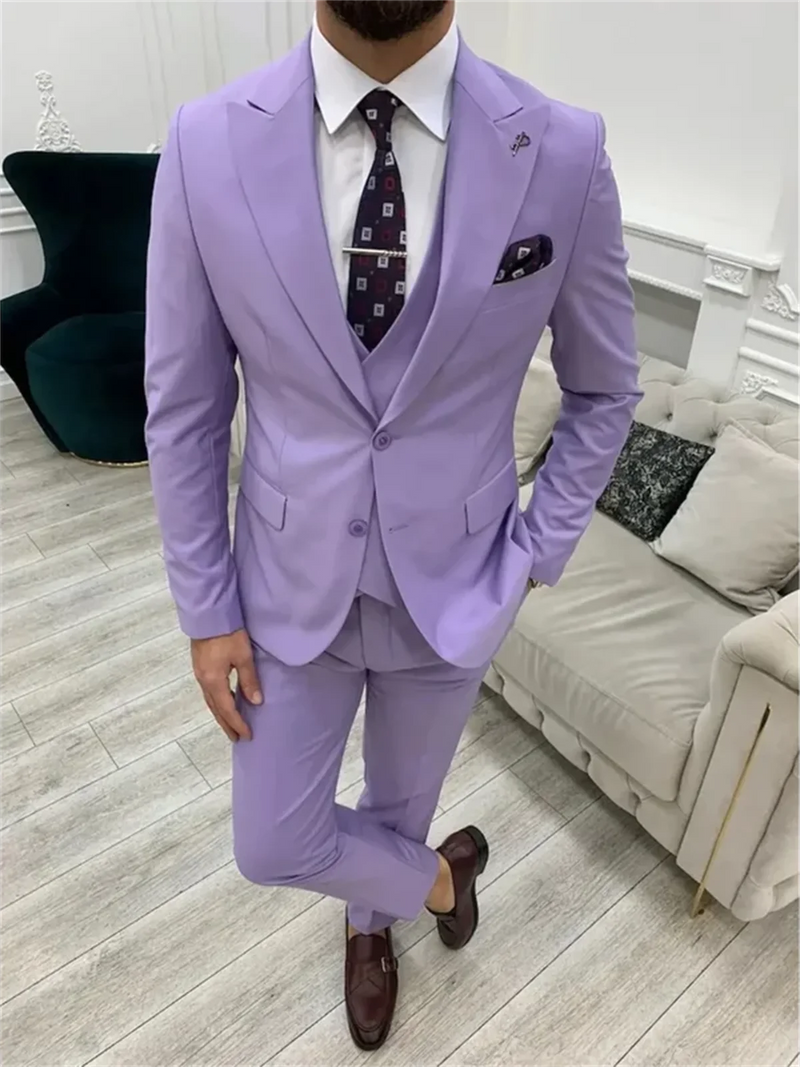 3 Piece Light Purple Men's Suits  Elegant Full Set Single Breasted Peaked Lapel Formal Outwear（Jacket+Pants+Vest) Costume