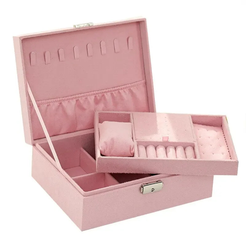 Pink Green 2-Layer Flannel Jewelry Organizer Box Necklaces Earrings Rings Display Holder Case for Women Large Capacity With Lock