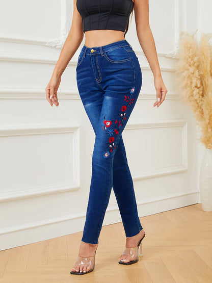 2023 Winter New Fashion Design Women's Embroidered Jeans High Elastic Slim Denim Pencil Pants Casual Ladies Trousers S-XL