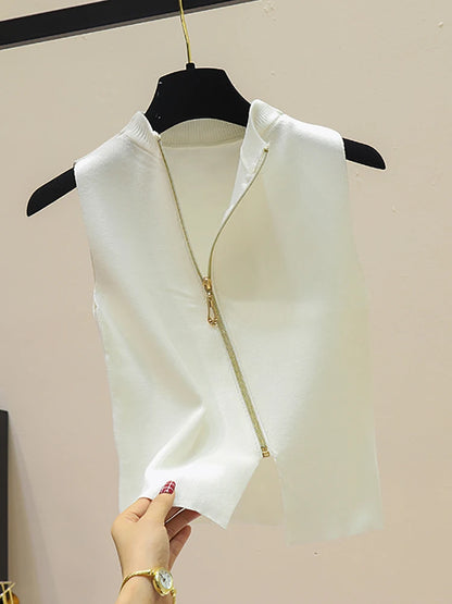 2026 Summer Spring zipper Knit Tank Top Cami Korean Camisole Elastic Vest O Neck Solid Color New Slim Breathable Tops White