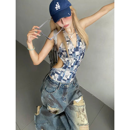 Women Ripped Blue Y2k Jeans Harajuku Streetwear Denim Trousers Aesthetic Jean Pants Vintage Japanese 2000s Style Trashy Clothes