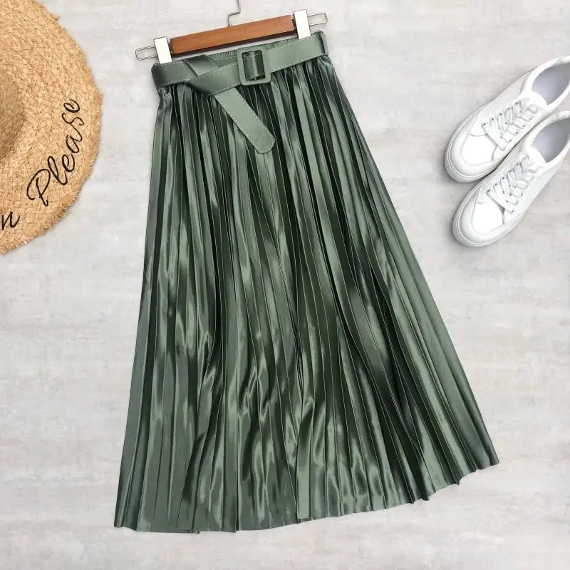 Seoulish 2025 New Solid Elegant Stain Women's Pleated Skirts with Belted High Waist Skirts Mi-long Umbrella Skirt Spring Summer
