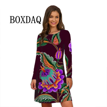 Flower Power Women Dress Retro Hippie 60s Elegant Long Sleeve Loose Dress Casual Fashion Oversized Autumn Woman Print Mini Dress
