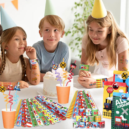 Train Party Supplies Drinking Straws Temporary Tattoos Keychains Slap Bracelets Stickers Goodie Bag Transportation Birthday Gift
