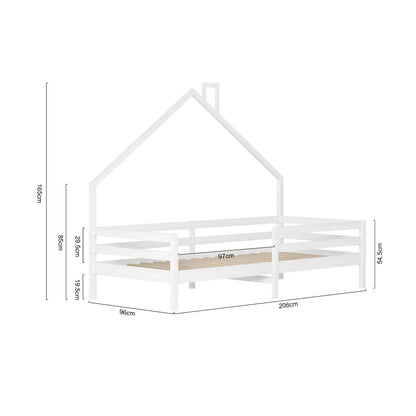 Anajqaqia 90x200 cm Single Bed, Children's Bed with Safety Rails and Slatted Frame, House Bed Design, Pine, White