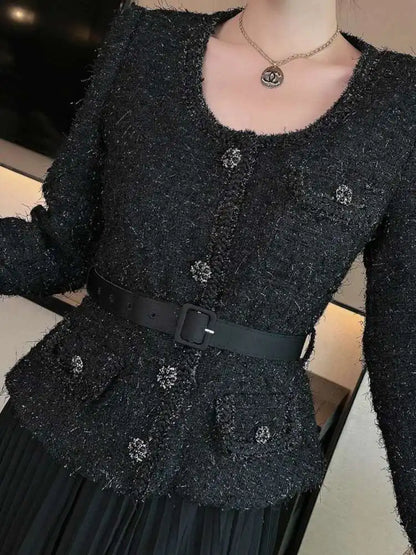 UCXQ Vintage Beading Buttons O-neck Black Dress With Belt Summer 2023 Women Evening Dresses Ladies Wedding Party Clothes Tide