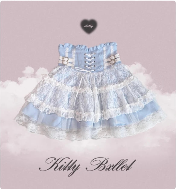 Japanese Original Lolita Lace Ruffle Edge Tied Bow High Waist Mini Skirt Spring Summer New Slim Waist Sweet Girl Y2k Skirt