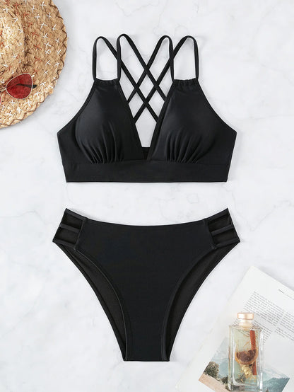 Solid Color Black Two Piece Swimsuit for Women Summer New High Waist Bikini Set Beach Vacation V-neck Backless Swimwear 2024
