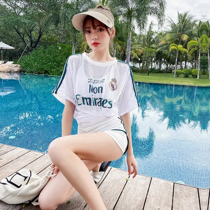 Swimsuit Women Split 3 Piece Set Korean Cartoon Print Cover Up Sport Boxer Shorts Tank Top Mesh Jersey Sun-proof Beach Swimwear