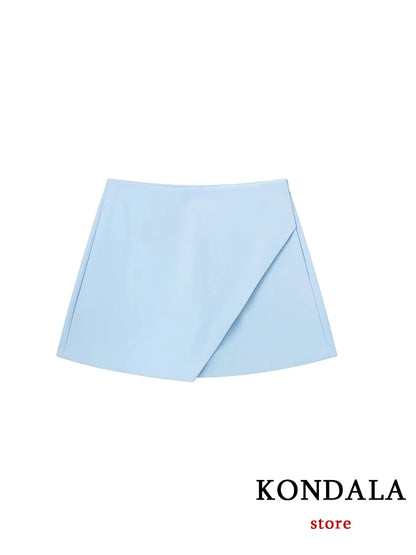 KONDALA Women Fashion 2025 Casual Mini Asymmetrical Skirts Shorts High Waist Back Pockets Wide Leg Skirts Zipper Female Shorts