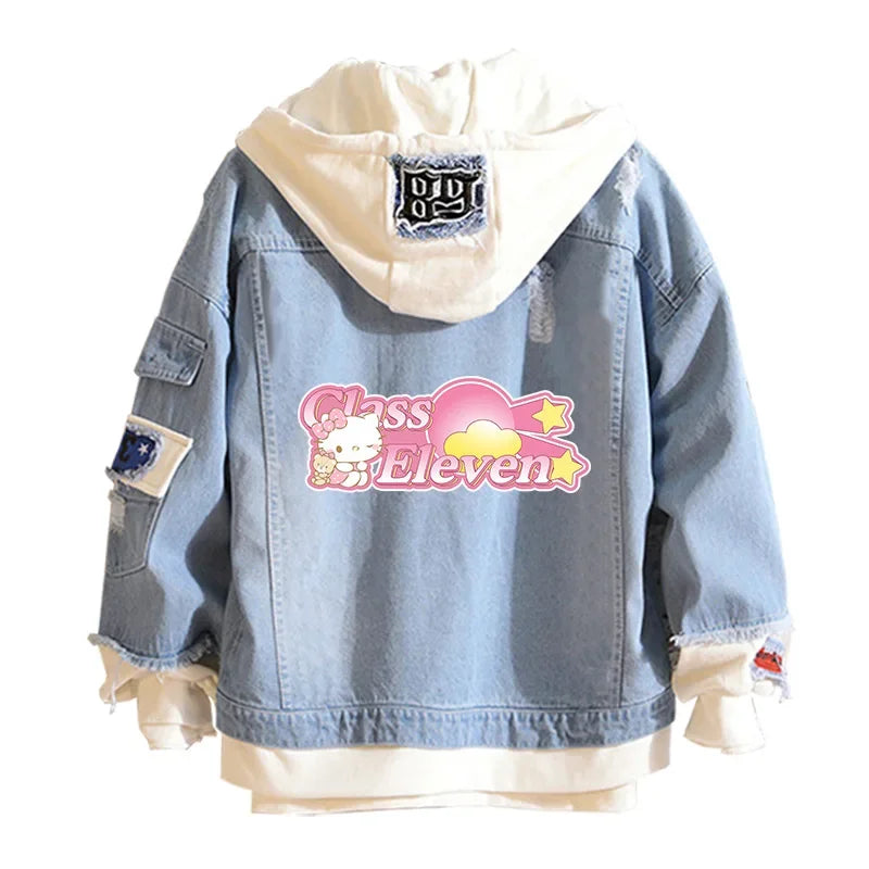 Anime Sanrio Denim Bomber Jacket Hello Kitty Hooded Jeans Sweatshirt Unisex Ripped Hole Cosplay Hoodie Long-Sleeved Denim Jacket