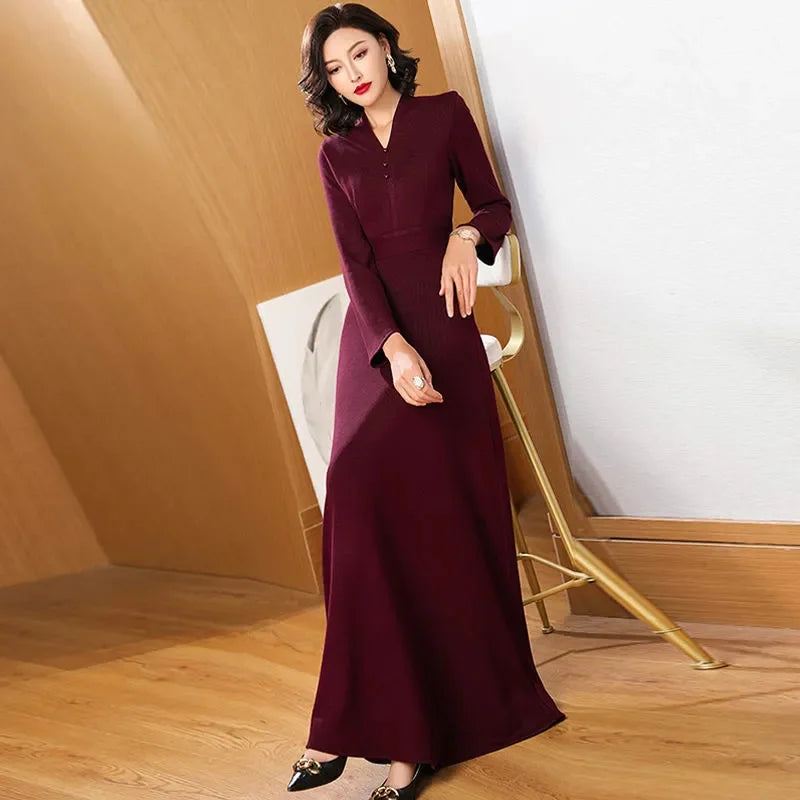 New Spring Autumn Dress Fashion Loose Long Sleeve A-line Dress Women Long Dresses Middle Aged Mother Fashion Dress