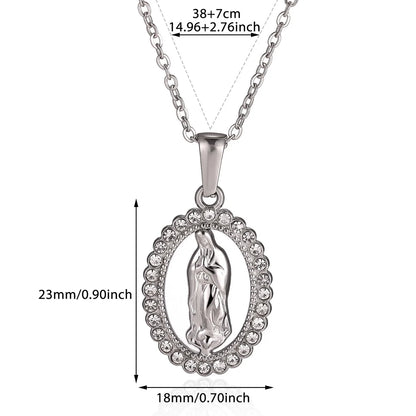 Virgin Mary Pendant With Diamonds Necklace For Women Gold Color Medal Charm Stainless Steel Religious Punk Jewelry Easter Gift