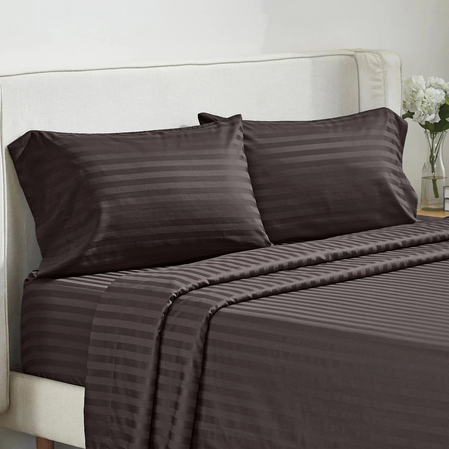 Battilo Bed Sheets 4 Pieces Set Luxury Fitted Flat Sheet with Pillowcases Solid Stripe Bedding Set For Twin Full Queen King Size