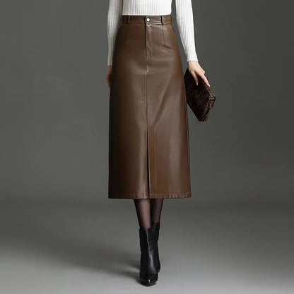 Autumn and Winter Fashion PU Leather Skirt, Solid Color High Waist Straight Tube Package Hip A Word Slit Half Body Skirt Women