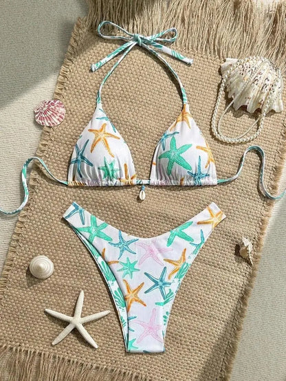 New Sexy Lace Up Neck Starfish Print Set Swimsuit Bikini Low Waist Bikinis Swimwear Beach Swimsuit Swimwear