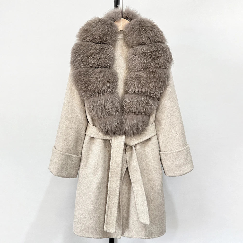 GENHUA 2025 New Winter Cashmere Wool Blends Women Natural Fox Fur Collar Cuffs Slim Fit Suit Double Sided Woolen Trench Coat
