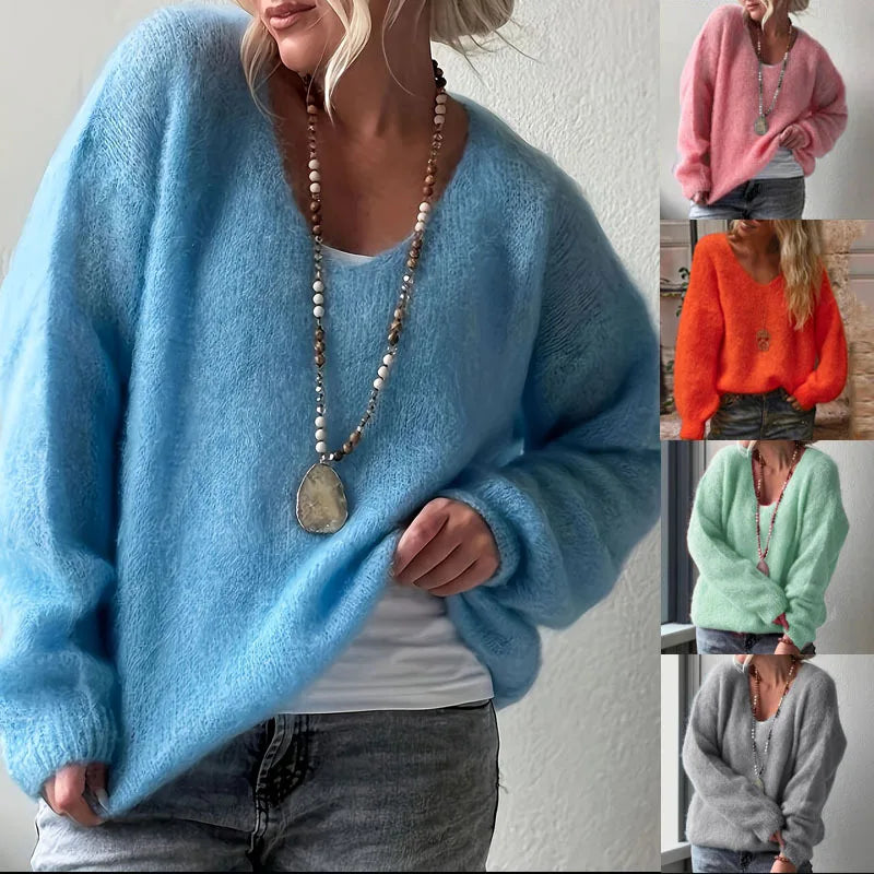Autumn Elegant V-neck Soft Sweater Tops Women's Causal Long Sleeve Solid Color Knitted Blouse Winter Fashion Loose
