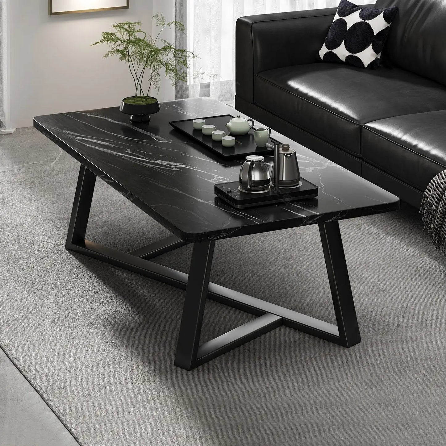 Modern Coffee Table with Marble Texture Top - Sturdy Metal Frame Easy Assembly Living Room Center Table Furniture