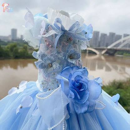 2026 Handmade Blue Puppy Dog Clothing Luxury Embroidery Flower Lace Bow Long Tail Party Dresses For Small Medium Dog Pet Clothes