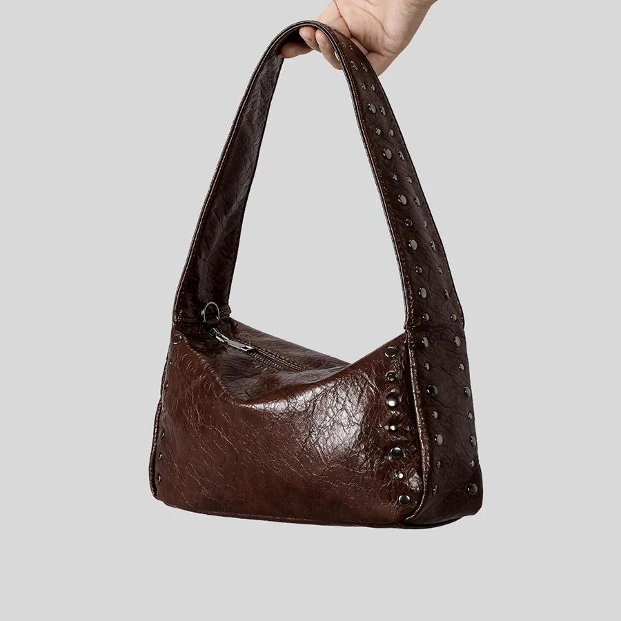 Vintage Rivet Women Shoulder Bags Motorcycle Style Underarm Bag Luxury Soft Pu Leather Crossbody Bag Retro Trend Handbags 2025