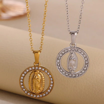 Virgin Mary Pendant With Diamonds Necklace For Women Gold Color Medal Charm Stainless Steel Religious Punk Jewelry Easter Gift