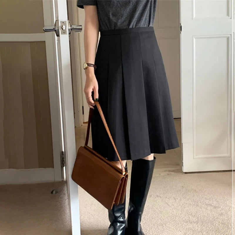 Khaki High Waist A-Line  Skirt Women's Spring Summer New Sle Slimming Small Size Pleated Skirt Commute Sle