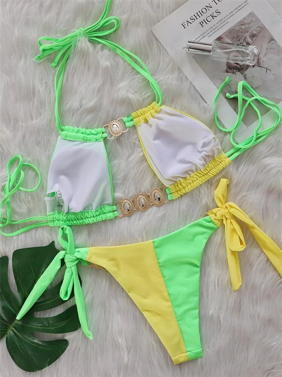 Luxury Rhinestones Splicing Bikini Set Women Halter Patchwork Cut Out Push Up Diamond Swimsuit 2024 Bathing Suit Thong Swimwear