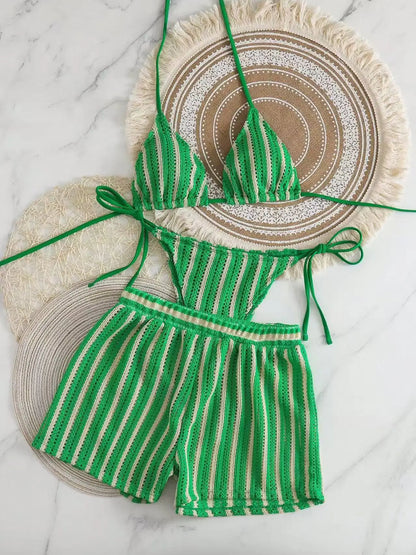 2026 new style boxer shorts mesh three-piece women's swimsuit neck lace-up bikini set
