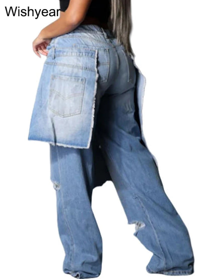 Casual Blue Stretch Denim Jeans with Apron Perforated Straight Wide Leg Trousers for Women Autumn Winter Streetwear Y2K Style