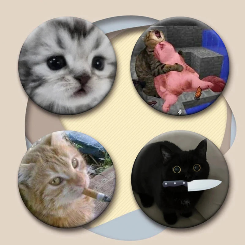 Cute Cats Meme Button Pins Funny Creative Animal Brooches Round Exquisite Tinplate Badge for Backpack Jewelry Accessories Gifts