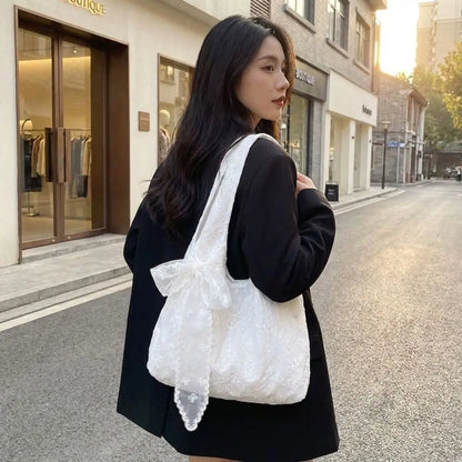 With Silk Scarf Floral Print Lace Handbag Lightweight Versatile Embroidery Lace Shoulder Bag Canvas Korean Style Tote Bag