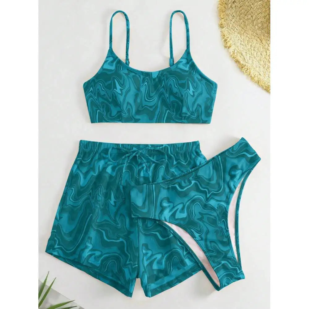 Cikini Women's Vacation Marble Print Casual Bikini Set, Three-Piece Bikini Set With Cover-Up Shorts, Random Print Summer Beach