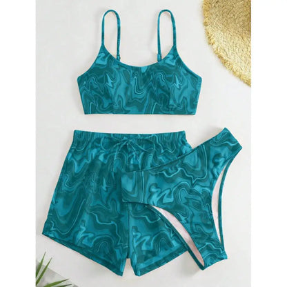 Cikini Women's Vacation Marble Print Casual Bikini Set, Three-Piece Bikini Set With Cover-Up Shorts, Random Print Summer Beach