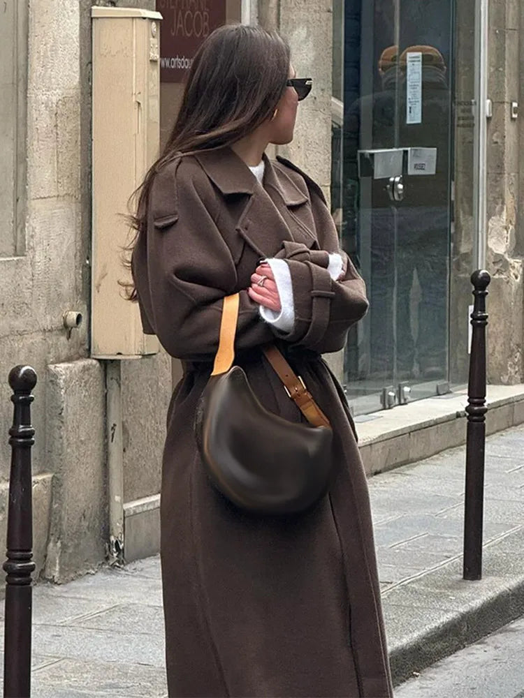 Elegant Solid Women Woolen Long Coats Loose Lapel Double-breasted Full Sleeve Shoulder Pads Overcoat 2026 Spring New Outerwears