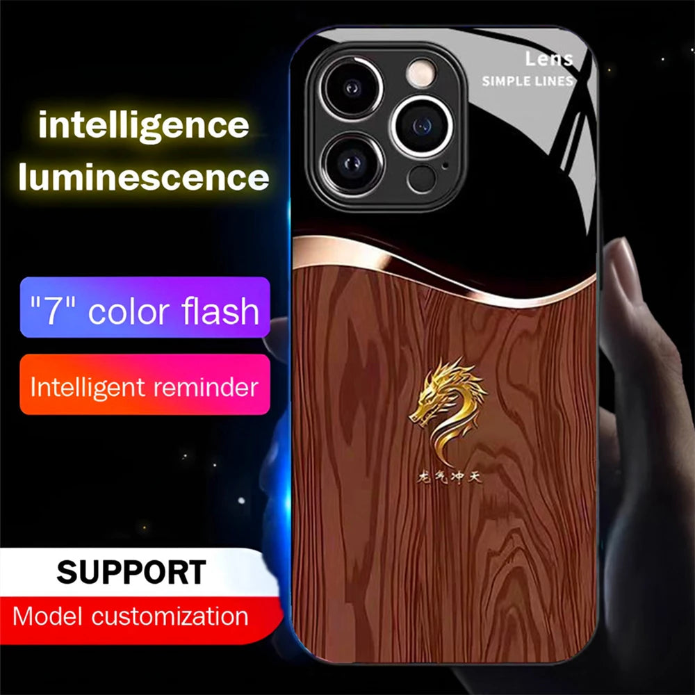 Wood Grain Dragon Emblem Sound Control LED Flash Cases Luminous Glass Cover For XiaoMi 15 14 13 12 11 Pro Ultra