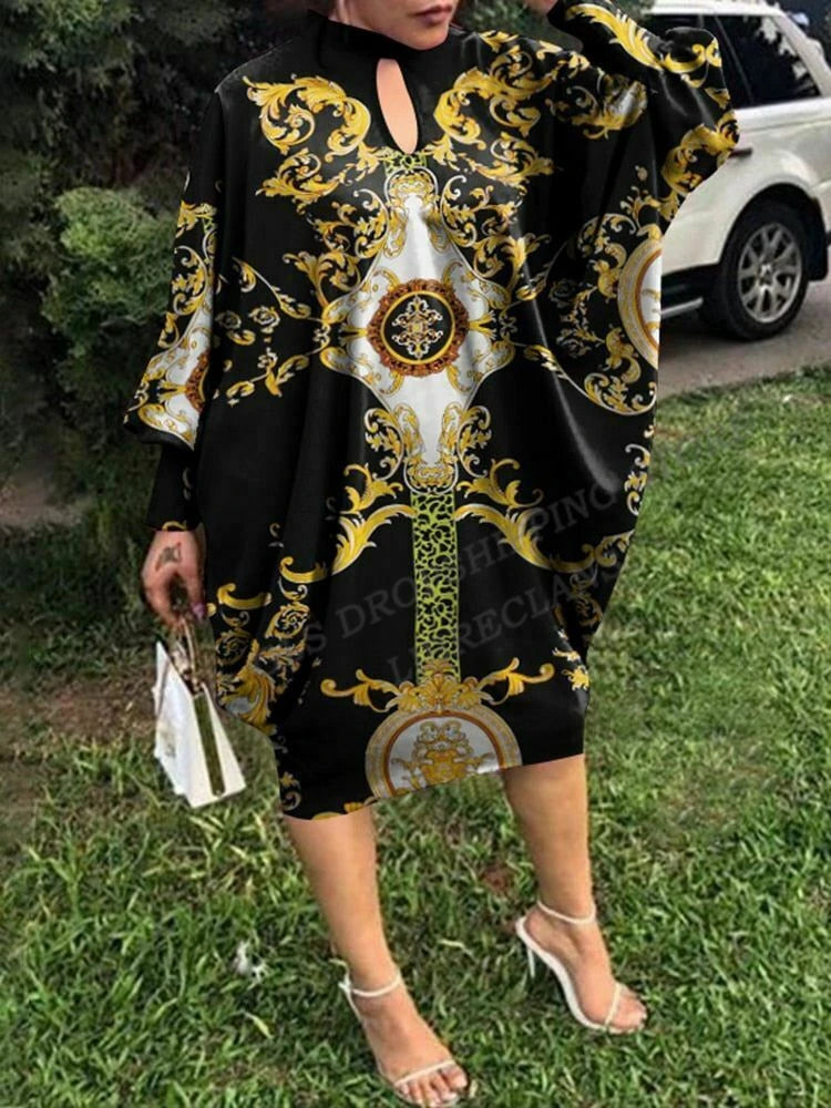 European Long Dress Wrinkle Bat Sleeve Party Evening Dresses Women Fashion Loose Long Sleeve Max Dress Golden Sexy Mid-calf 5XL