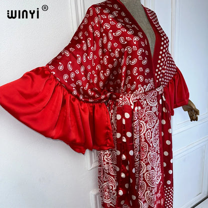 WINYI Summer Kimono party dress Beach Wear Swim Suit Cover up Africa women boho puff(ed) sleeves Cardigan sexy Holiday kaftan