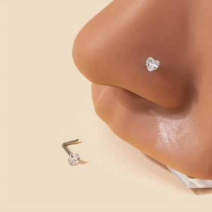 2pcs L-Shaped Rod Nose Nail Set Inlaid Pink Love Heart Cubic Zirconia Simple Style Body Piercing Jewelry Female