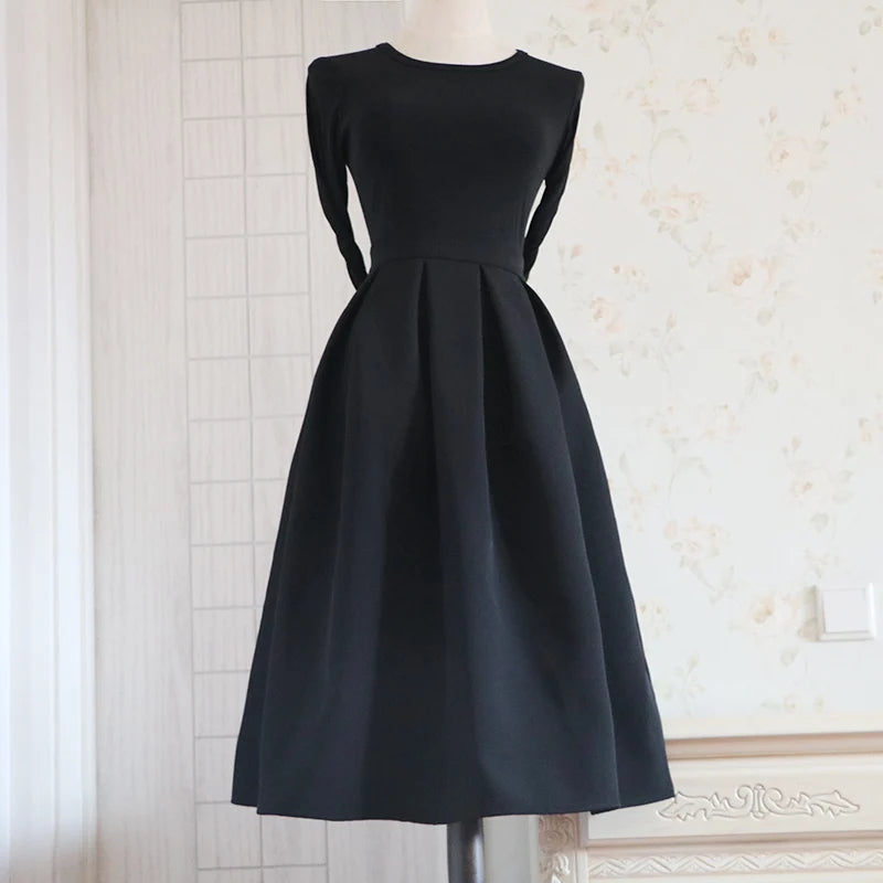 High Waist A-Line Midi Skirt Bla New Retro Pleated Fluffy f-length Spring Autumn Winter Seasonal Wear Polyester Fiber