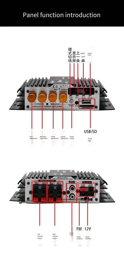 Mini Audio Amplifiers for Car Digital Sound Amplifier for Home Car Power 12V Support Treble Bass USB Card Audio Bluetooth