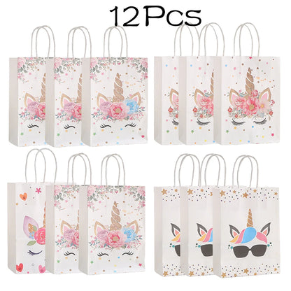 12Pcs Cartoon Unicorn Theme Paper Gift Packaging Bag with Handle Shopping Tote Bag  for Kids Birthday Baby Shower Party Decor